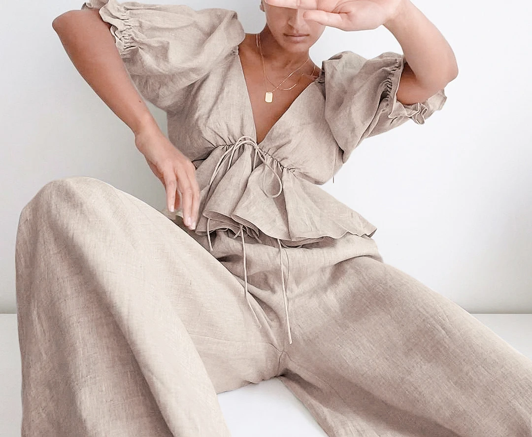 OOTN Khaki Linen Women Blouse Vintage Summer Shirt Drawstring Cotton Linen Trousers Two Piece Set Women Clothing