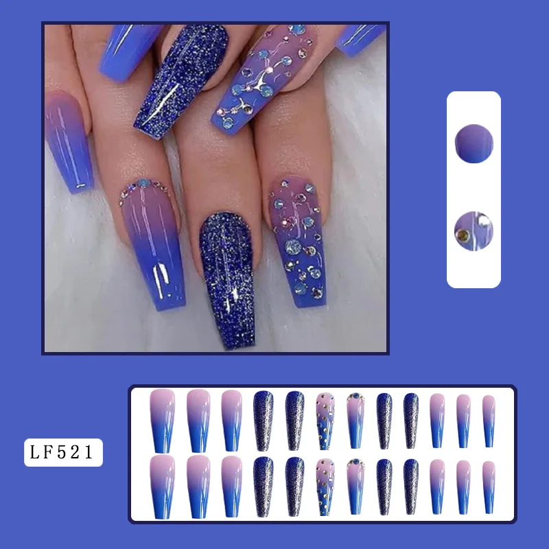 Coffin Press on Nails Long Gradient Blue Fake Nails Acrylic Glitter Diamond False Nails with Designs Blue Ballerina Glue on Tips