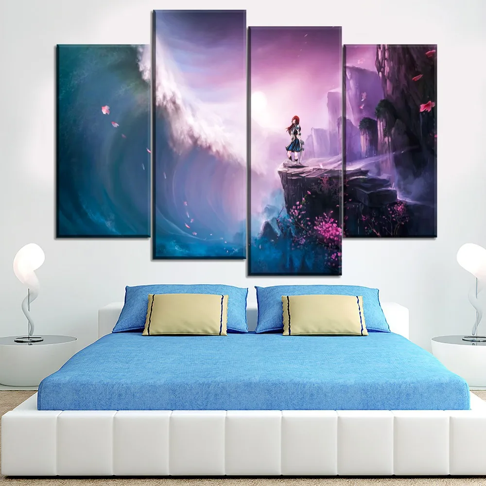 Canvas HD Prints Landscape Painting 4 Panel Home Wall Art Decor Anime Fairy Tail Erza Scarlet Poster For Bedroom Modular Picture