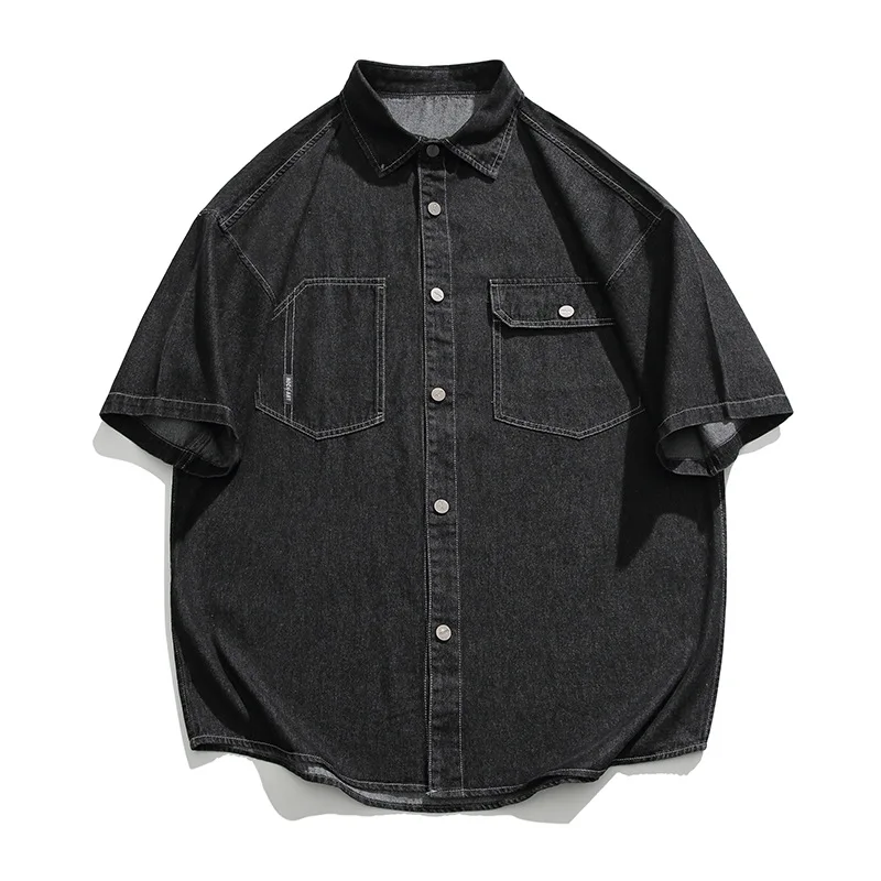 2023 Summer custom mens button down Oversized short Sleeve Denim shirt