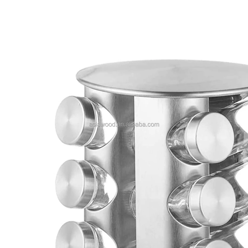 Kitchen Organizer  Stainless Steel Pice Container Standing Cabinet Seasoning Tower Rotating Spice Rack 16 Seasoning Cans