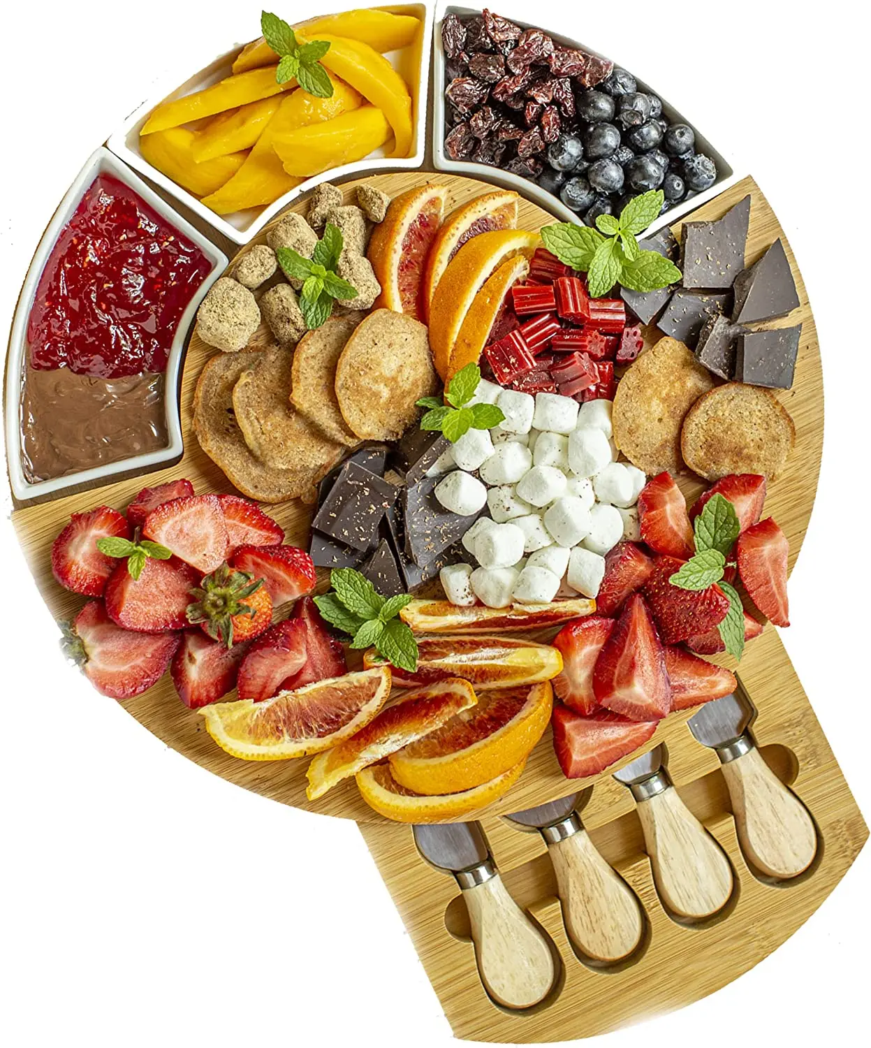 Premium Bamboo Cheese Board and Knife Set Charcuterie Board Set Accessories Meat and Cheese Board, Serving Platter with 3 Bowls