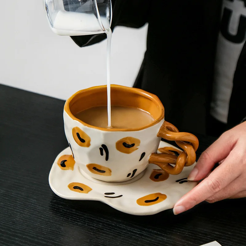 Nordic Creative 280ml Retro Hand Painted Ceramic Mugs with Saucer Irregular Handmade Pottery Mugs Set