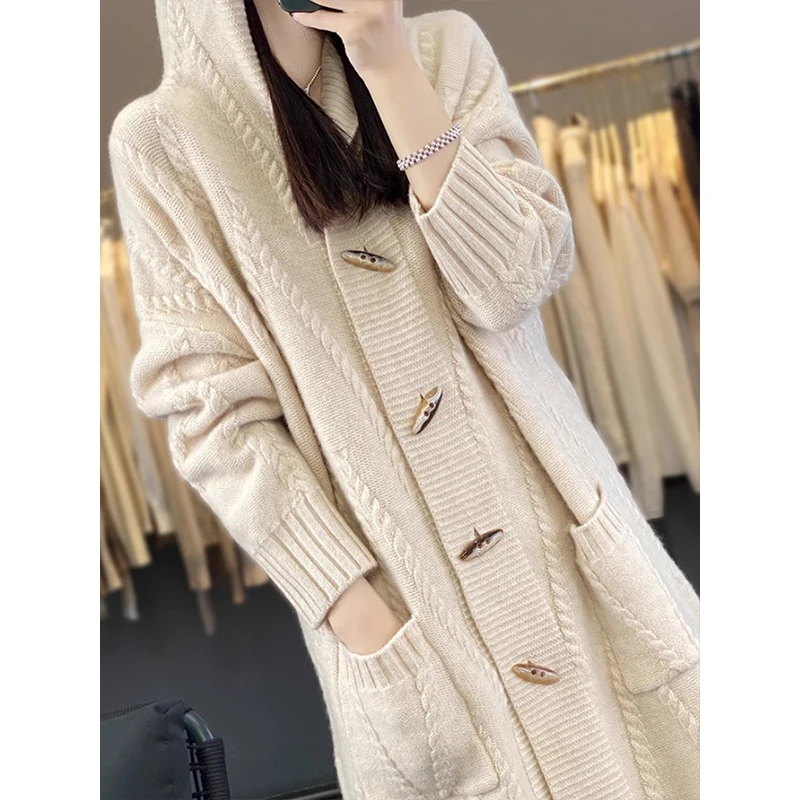 Guoou Inner Mongolia Wool  Mid Long 100% Cashmere Sweater Cable Cardigan Hooded Cardigan Women