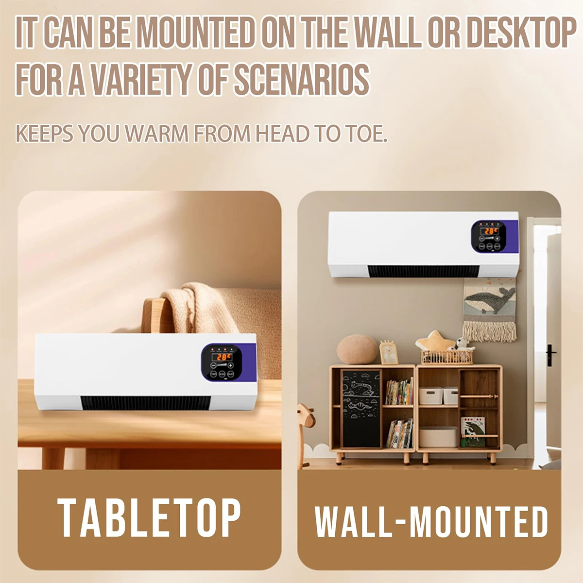 Small 2000W Wall Mounted Hanging Remote Timing Ceramic Fast Heating Space Air Hot Electric Fan Heater With Display For Bathroom