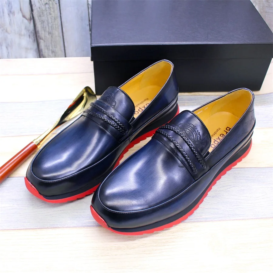 2022 Handmade Genuine Leather Italian Men Slip On Casual Dress Shoes  Laser print pattern Flat Red Sole Walking shoes