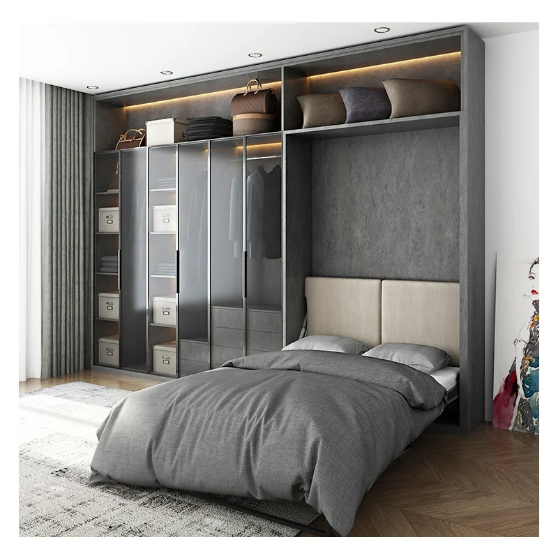 Wooden Rotating invisible folding bed combination multi functional wardrobe cabinets desk bookcase wall Murphy bed