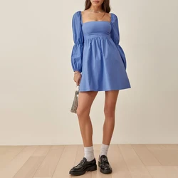 New arrival mini dress baby doll dramatic Double puffed sleeves blue Unlined skirt mini casual dress for women