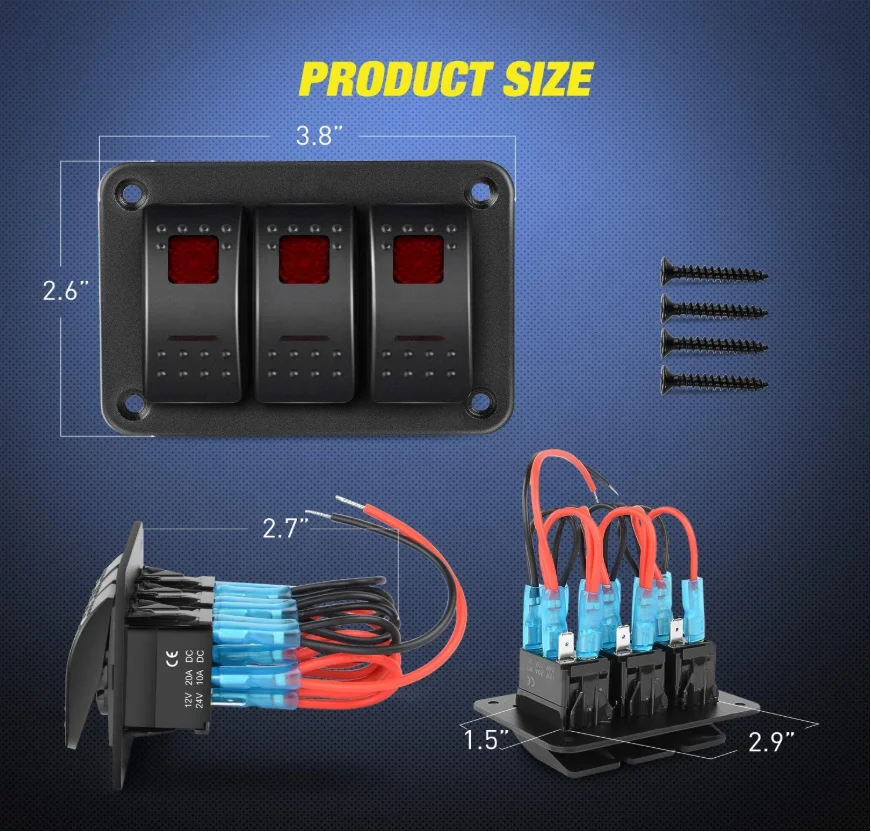 WattBons 3 Gang Marine Rocker Switch Panel  24v Rocker Switch Carling Rocker Switch Panel for Automotive Cars Marine Boats