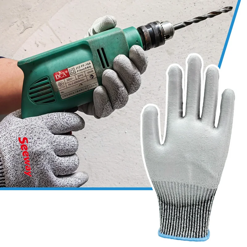 Seeway Level 5 CE EN388 13-Gauge HPPE Glass Fiber Liner PU-Coated Anti-Cut Safety Work Gloves
