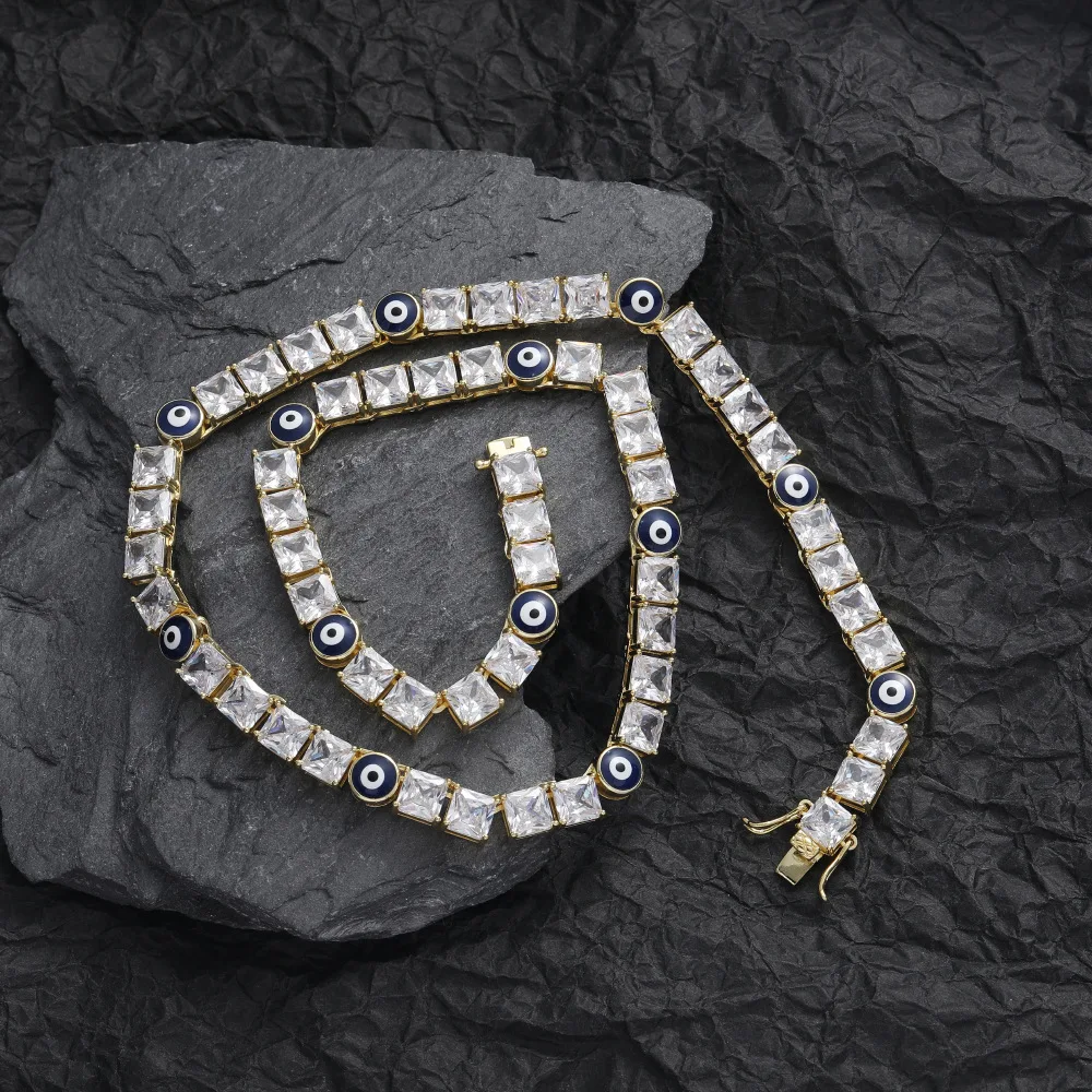New Europe and America 6*6mm CZ Single Row Necklace Devil Eye Tennis Chain for Ladies Men Gift