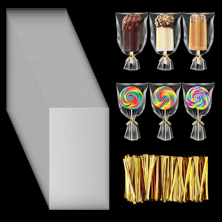 Оптовая продажа, прозрачные самозапечатывающиеся одноразовые пластиковые обертки для мороженого, конфет, фруктового льда с Деревянными Палочками