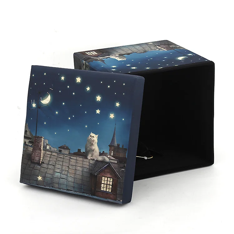 Customized Blue Star Cartoon Cat Foldable storage ottoman with LED Design for living room