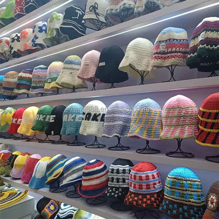 Top Selling Handmade Knitted Crochet Beanie Ladies Flower Sun Cap Colorful Bucket Hats for Adults