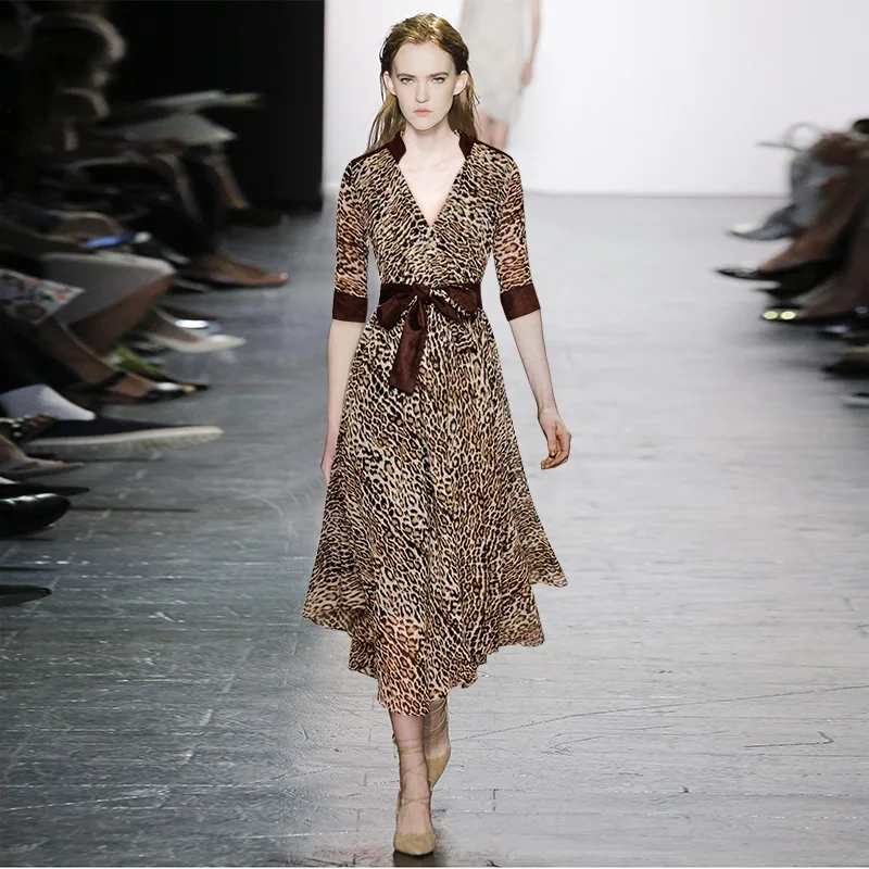 
Female 2021 Summer V Neck Half Sleeves Leopard Print Lace Up Waist Irregular Swing Mid Length Dress 