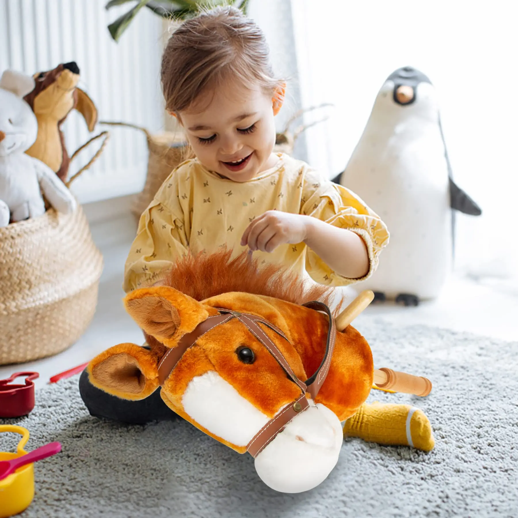 Custom Horse Riding Toy Handsewn Head Sturdy Wood Stick Plus Neighing And Clip-Clop Sounds Plush Horse Riding Stick