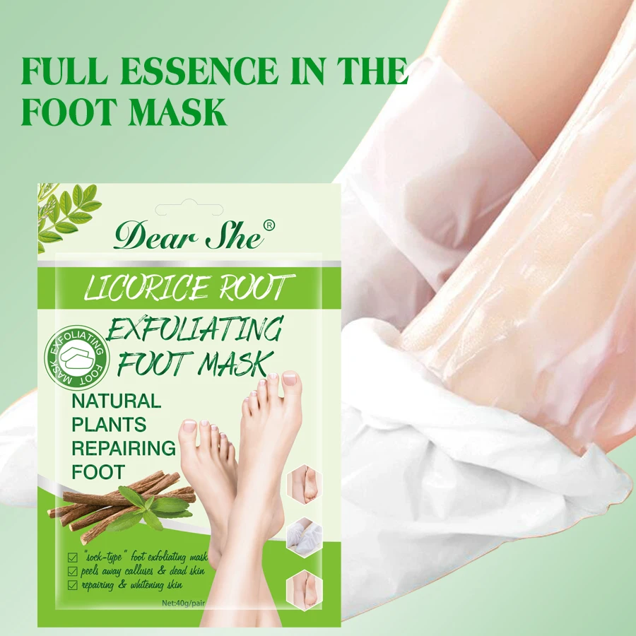 wholesale Dear She Natural Plant Licorice Root Exfoliating Foot Mask Repairing Peel Away Calluses Dead Skin Whitening Foot Skin