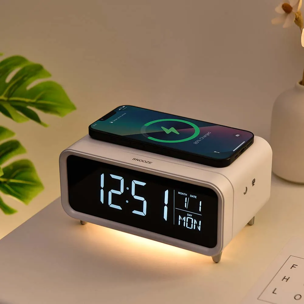 Умный многофункциональный цифровой будильник для прикроватного тумбочка с беспроводной зарядкой светодиодный ночник с будильником и повтором сигнала