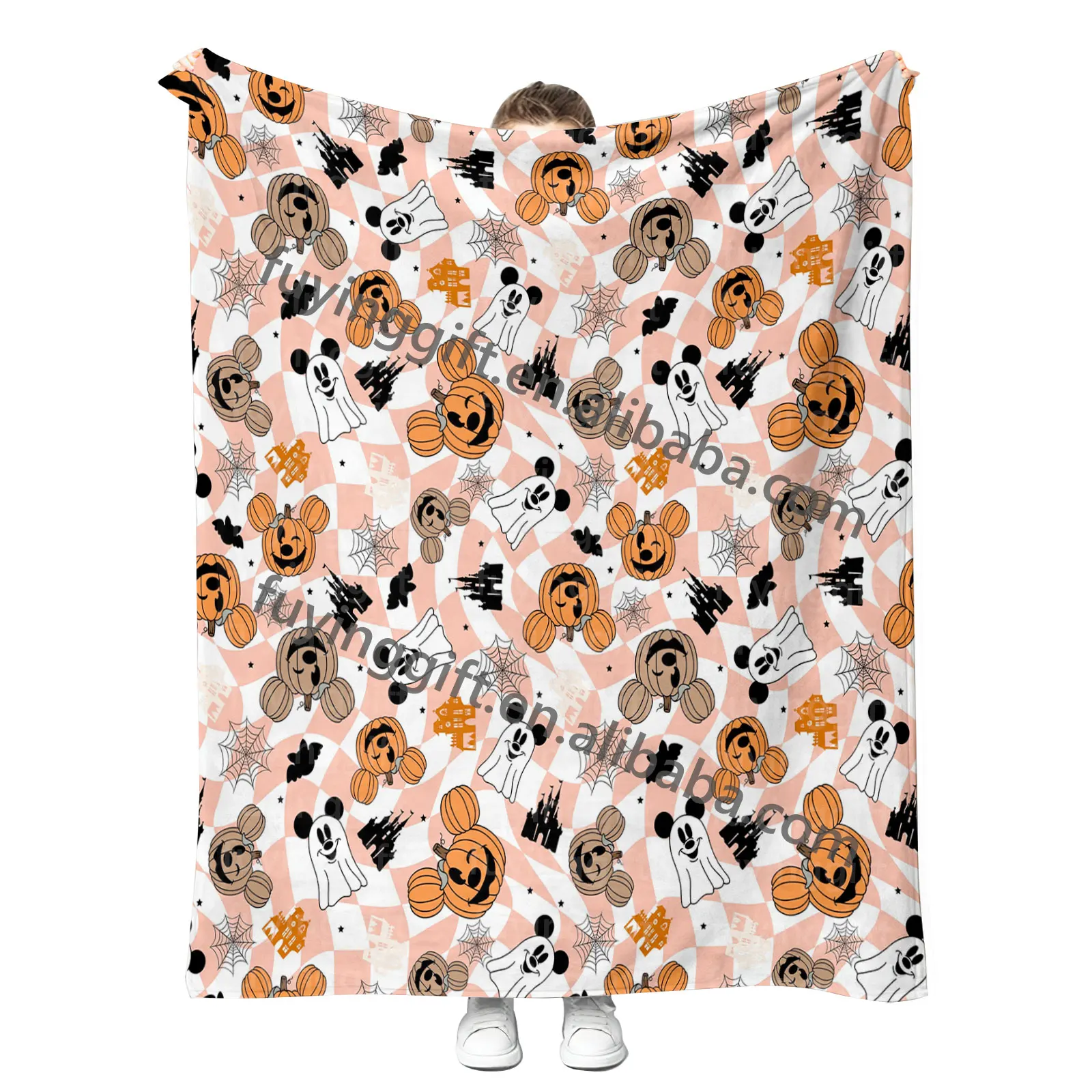 3000+ Designs Luxury Soft Cozy Halloween Pumpkin Mouse Head Cartoon Blanket Custom Printed Plush Quilt Blankets