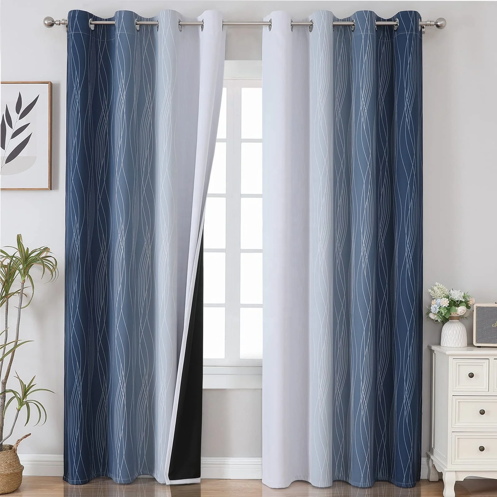 Bindi Luxury Hotel 84 Inches Long Navy Blue And Greyish Colorful White Living Room Blackout Drapes Curtains For Bedroom