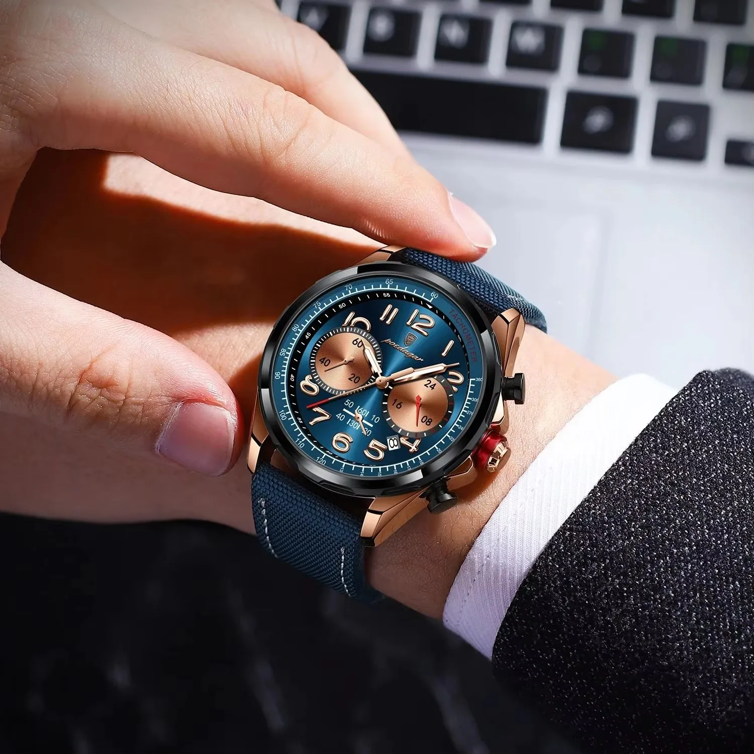 POEDAGAR 862 Waterproof Luminous Function Man Wristwatch Casual Male Wrist Nylon Leather Chronograph Luxury Quartz Watch for Men
