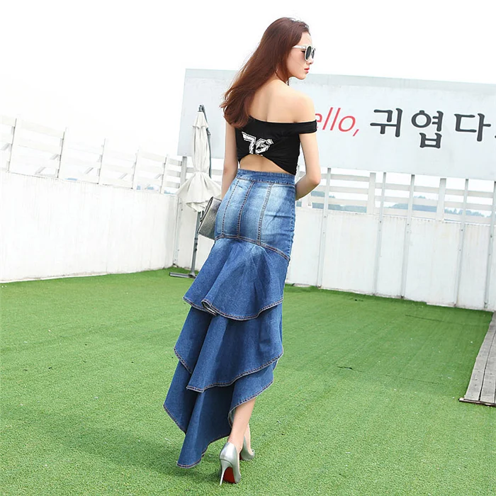 Lady Long Denim Skirt High Waist Gradient Tassel Jeans dresses Trumpet Cool Fish Tail Mermaid Bohemian Maxi Skirts