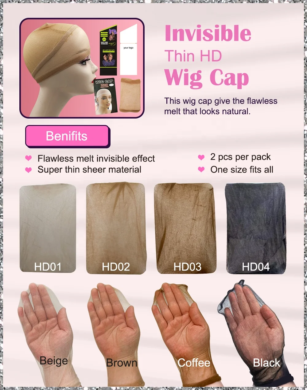 Wholesale 2pcs in 1 bag Free Size Strong Elastic Ultra Thin Transparent Cap Invisible Sheer HD Lace Wig Caps