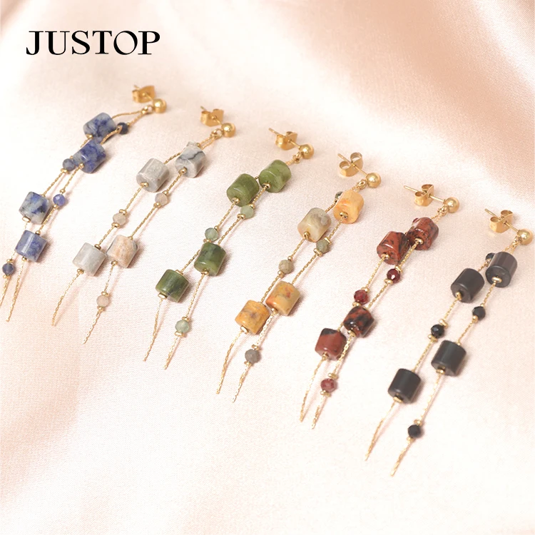 Nature Stone Long Chain Tassel Earrings Stainless Steel 18K Gold Plate Earrings For Women