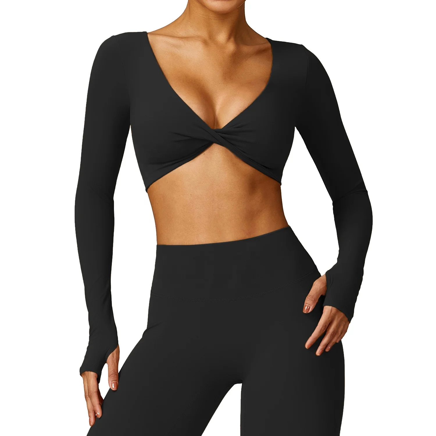 Women Long Sleeve Compression Stretchy Lightweight Crop Twist Yoga Tops