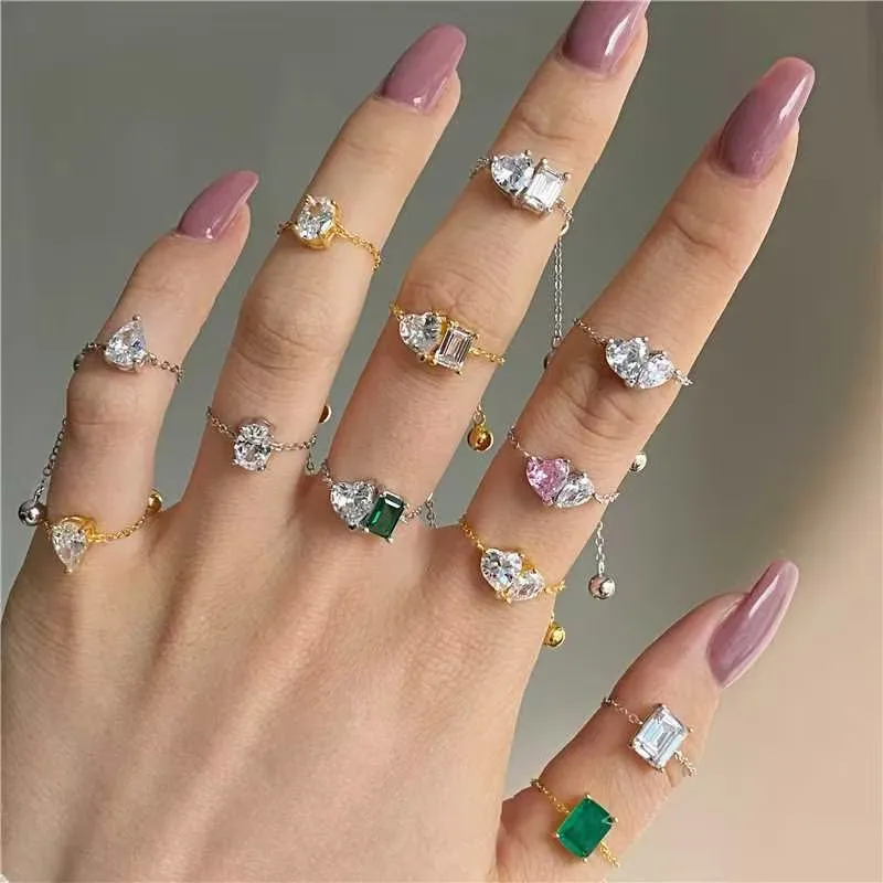 GP silver soft chain ring bezel cz stone Heart Oval Cut Cubic Zirconia Rings  S925 Silver Resizable Chain diamond ring wholesale