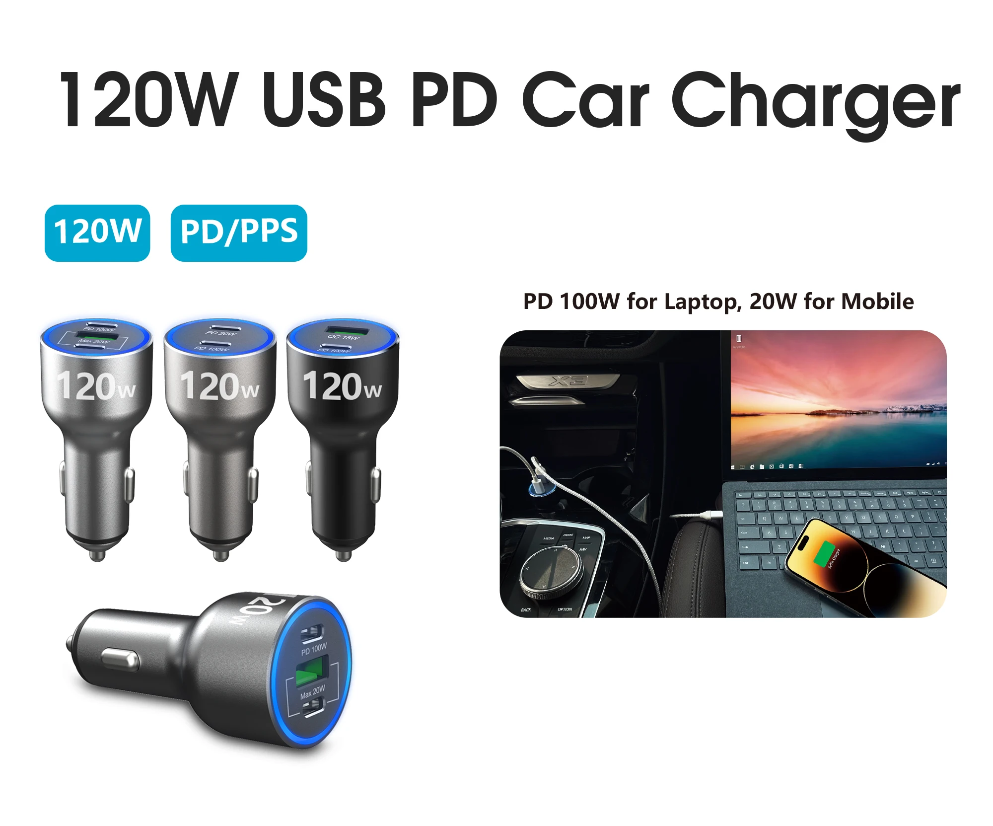 SuperPower Duo 120W Carregador Veicular Ultrarrapido PPS Aluminum Metal 3 Port Type C Car Charger