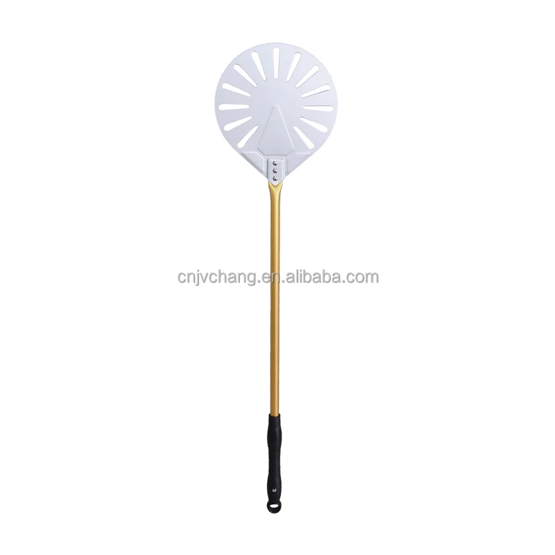 Professional Anodized Aluminum Round Turning Pizza Peel Shovel Perforated Golden Colorful Handle Pizza Oven Baking Tools