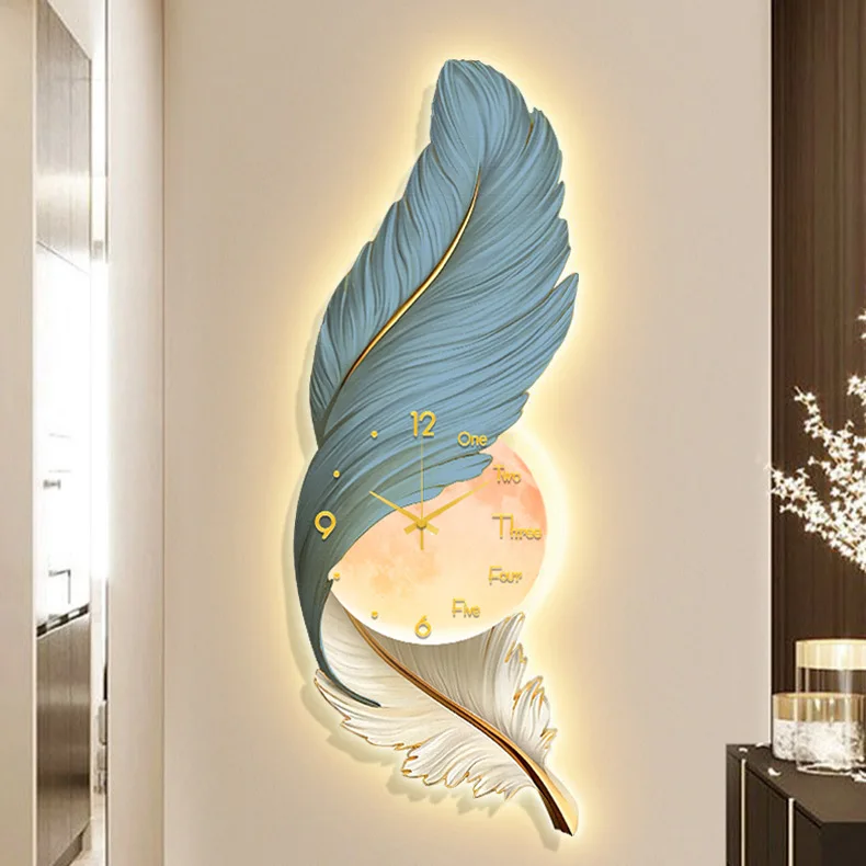 Modern Light Luxury Feather Living Room Decorative Painting Clock LED Lamp Painting Bedside Entryway Carved Decorative Mural