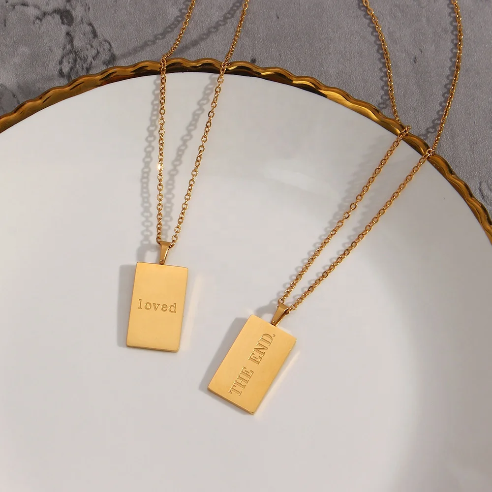 Customized Square Letter Pendant Necklace For Women Name Plate Gold Plated Stainless Steel Pendant Necklace
