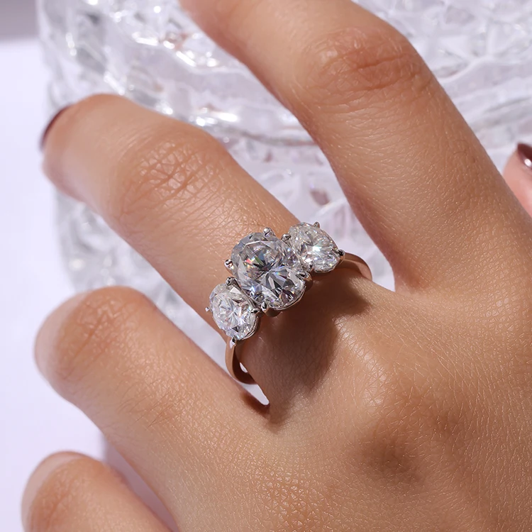 AAA GEMS Platinum Wedding Ring Three Stone Accented 10x7mm Oval Cut Moissanite Diamond Engagement Ring with GRA