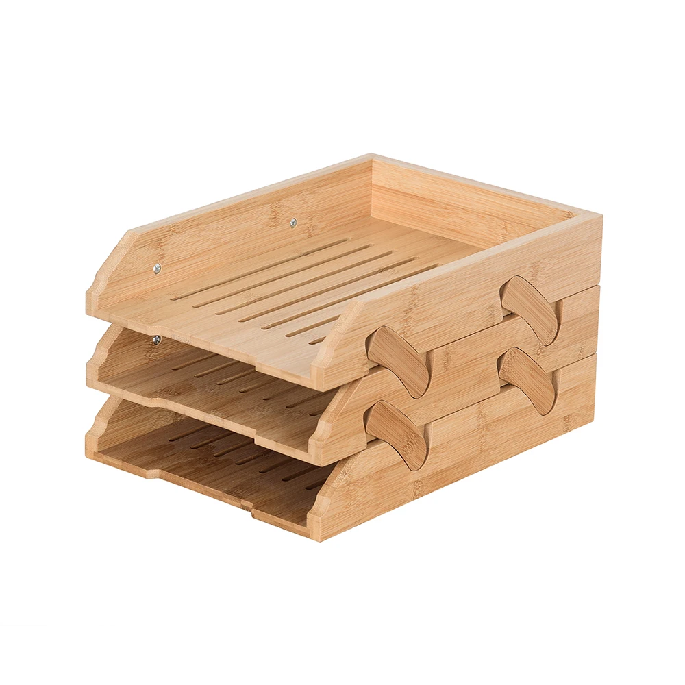 3 Tiers Bamboo Desktop File Organizer Letter Tray Holder Office Paper File Trays