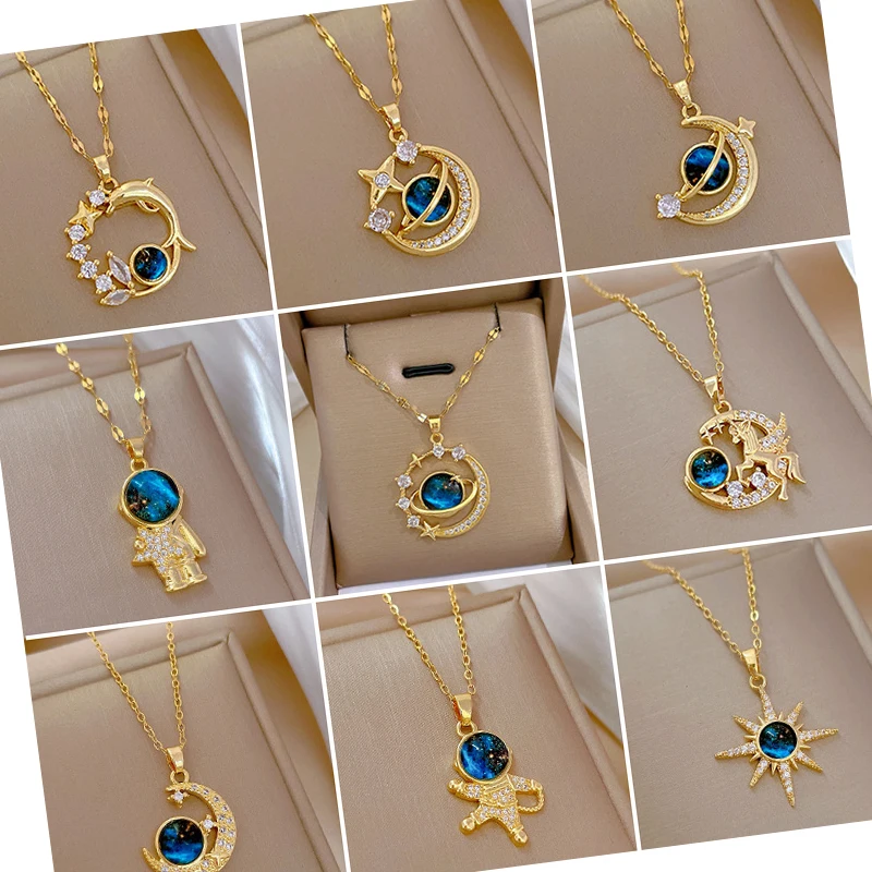 DAIHE Fashion 18k Gold Plated Starry Planet Stainless Steel Necklace Zircons Astronauts Moon Saturn Necklace for Women