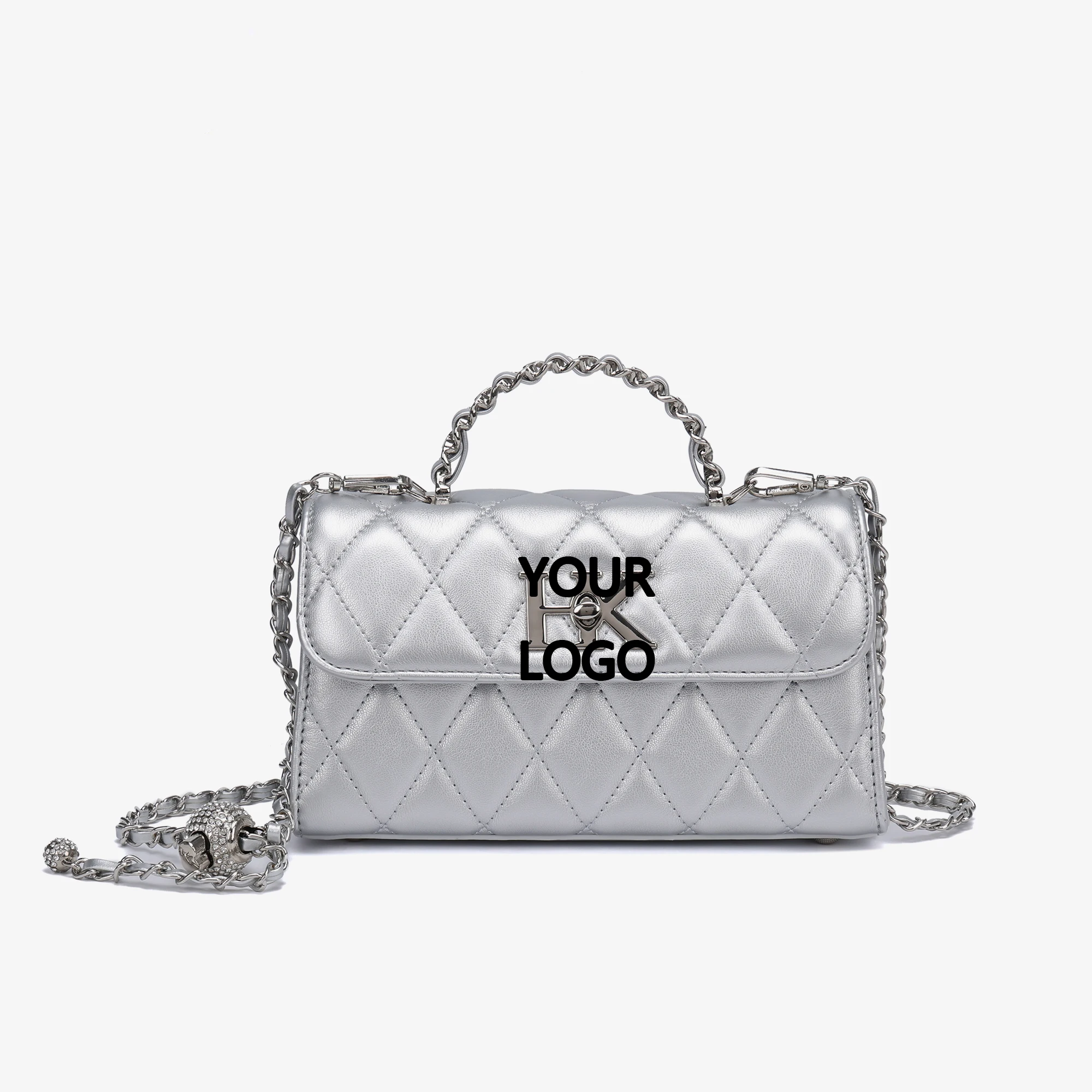 Silver Diamond Lattice Cross Body PU Leather Handbag Custom Logo Luxury Design  Metal Handle Messenger Bag Ladies Hand Bags