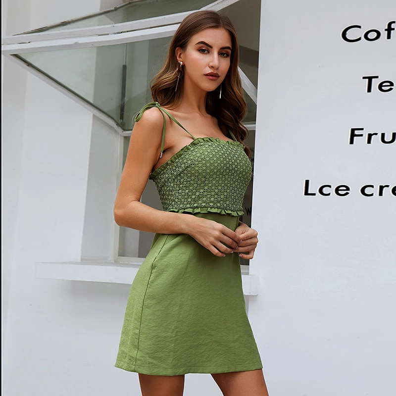 Weixin Stock Fashion Womens Clothing Knotted Green Halter Lace Summer Women Casual Dresses