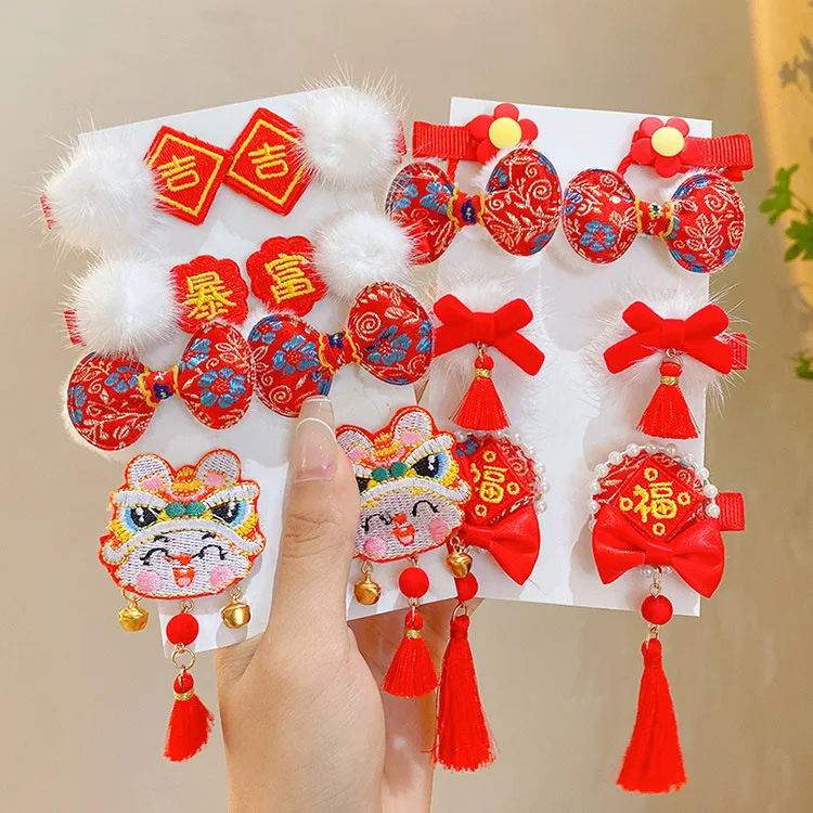 New year style red fashion flower tassel hair clips set children hairpins baby hair accessories