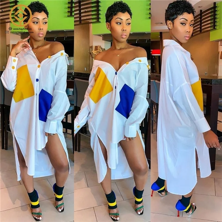 Hot sale XXL XXXL loose pocket patchwork white irregular shirt dress ladies women plus size dresses 2021
