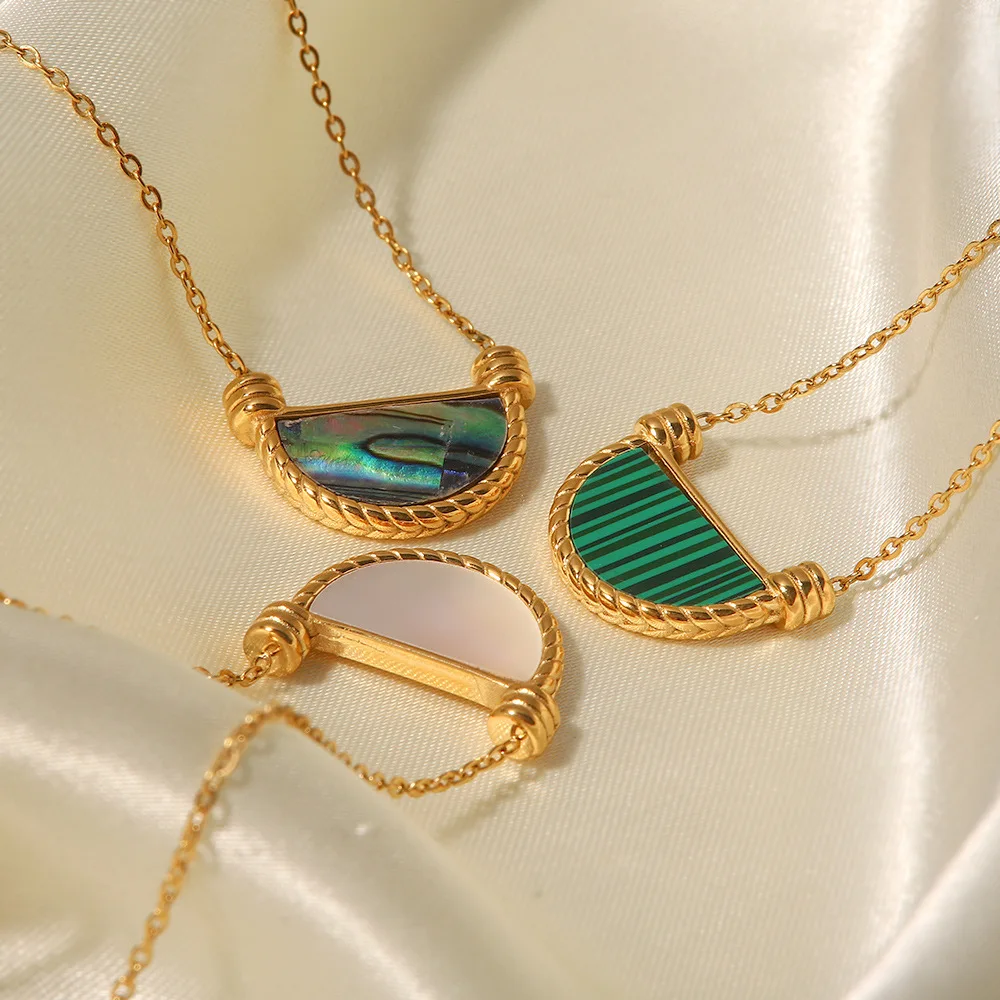Fashion 18K Stainless Steel Fan Shape Green Malachite Symphony Abalone Basket Natural Shell Pendant Necklace