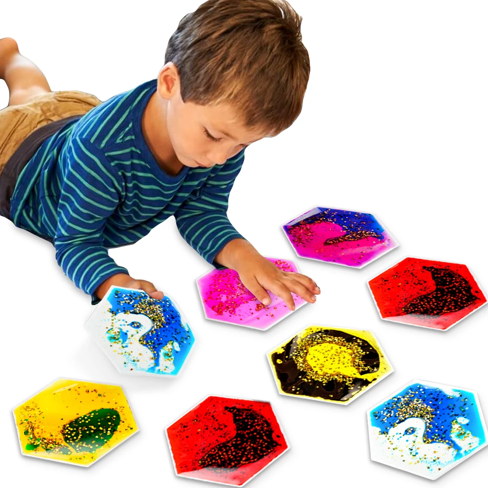 Customized Jelly Glitter Liquid Oil Pad 6pcs Kids Gel Sensory Shapes Toys Fidget Anxiety Stress Relief for Autism