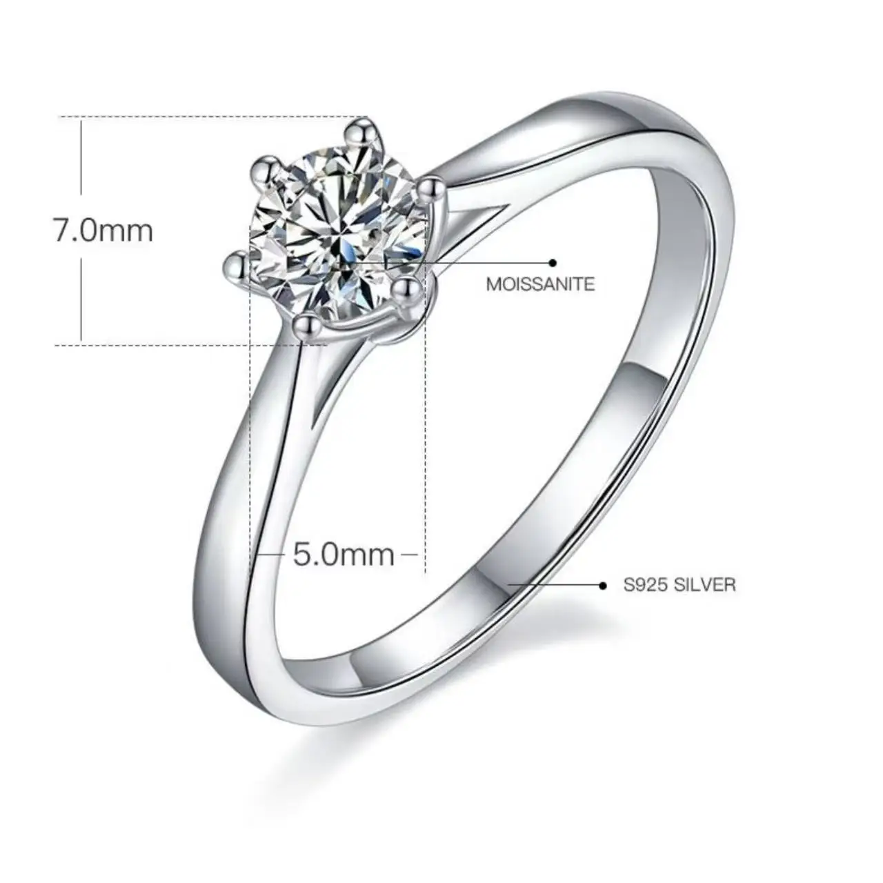 Classical White Gold Six Prong Wedding Ring 0.5ct Moissanite Diamond Elegant Fashionable Silver Natural Diamond Rings