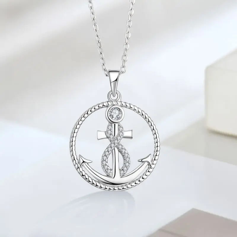 925 Sterling Silver Ship Wheel Hope Vintage Sailor Anchor Round Shape Necklace For Men