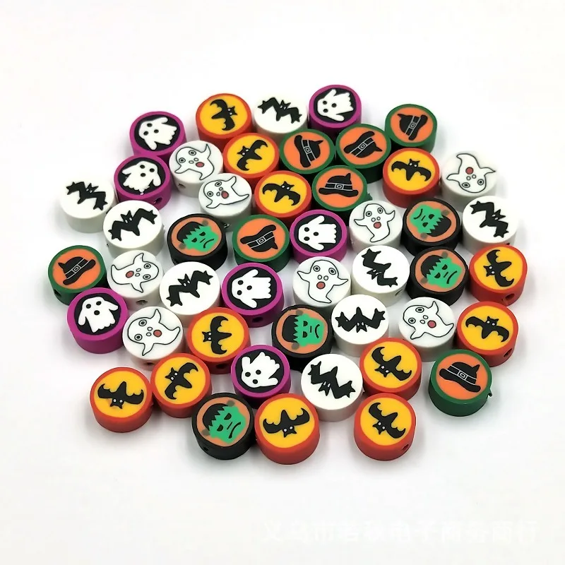 100pcs/Bag Round Shape Halloween Style Polymer Clay Beads Flatback Charm Beads For Jewelry Making