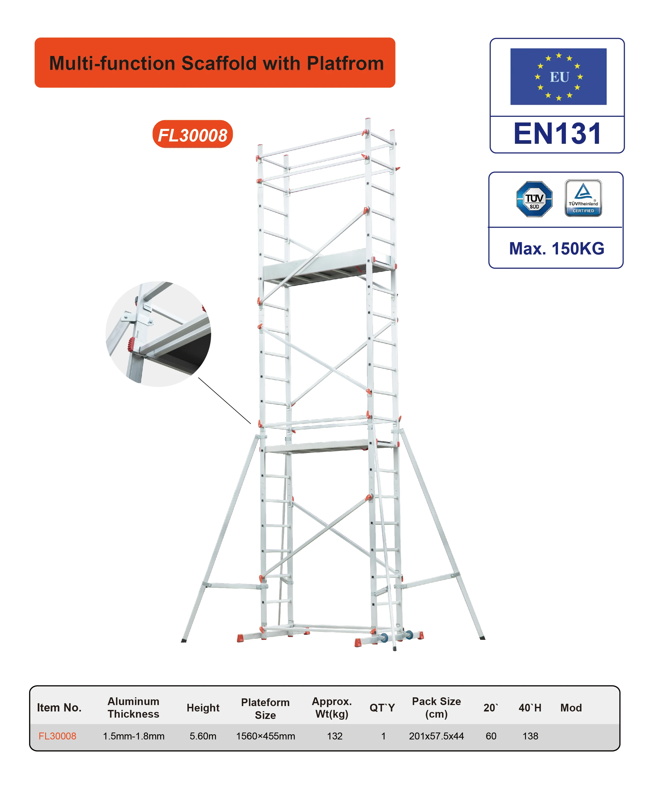 Hot sale 5.6M Aluminum Scaffold Ladder Platform Size 1560x455cm Capacity 150kg Scaffolding