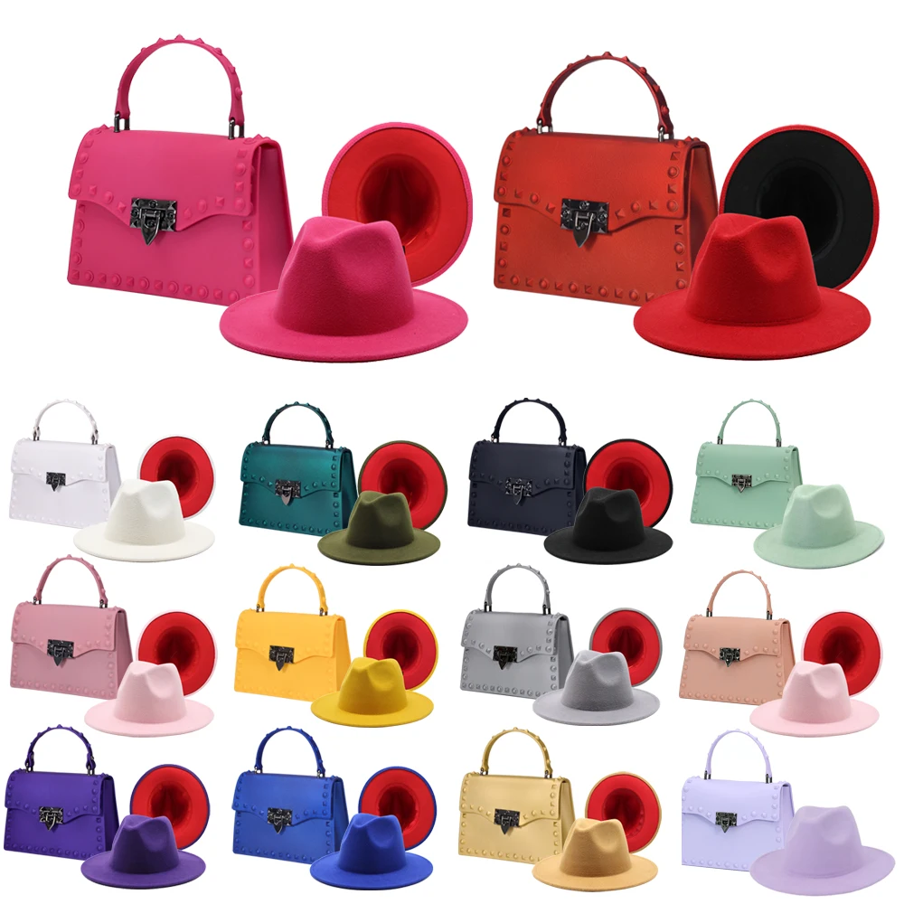 2021 Designer PVC Jelly bag matching hat ladies Matte Rivet HandBags high quality fedora hats and purse Set