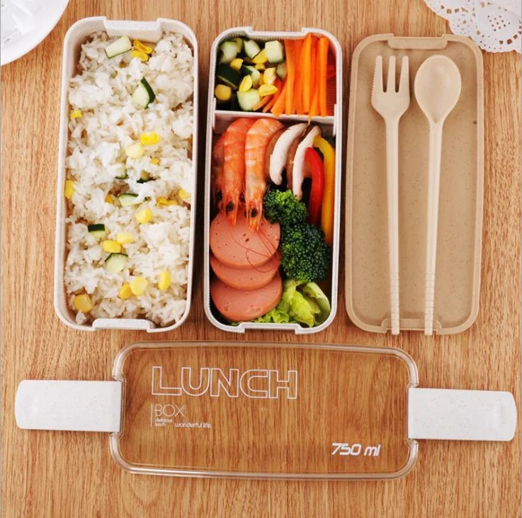 Microwave Safe Biodegradable compartments double layer wheat straw wheat fiber lunch box with cutlery