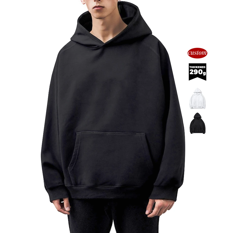 KON  custom super heavy thick fleece 290gsm Full cotton fleece raglan sleeve without drawstring hoodie fog custom